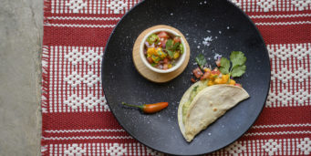 Vegan quesadillas with paparella and fresh mango salsa