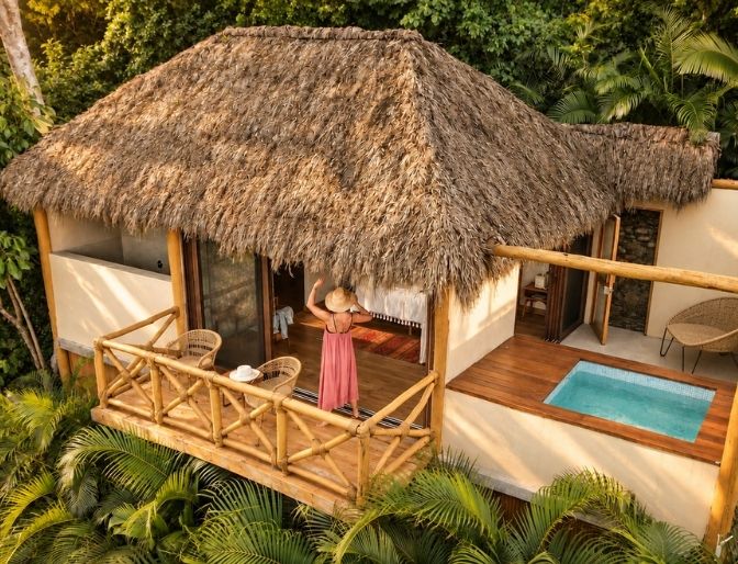 Ocean-view room with private plunge pool surrounded by jungle at Xinalani