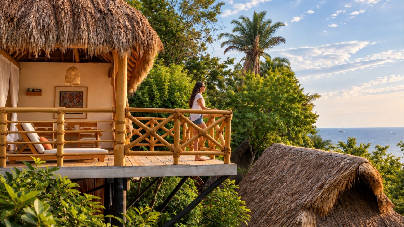 Huésped en la terraza de una Eco Chic Treehouse con hamaca, sobre la selva en Xinalani, Puerto Vallarta