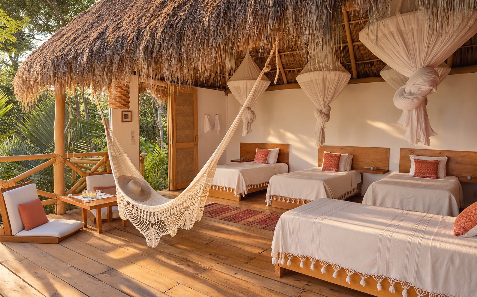 Palapa compartida al aire libre con camas individuales, mosquiteros y hamaca bajo un techo de palma en Xinalani, Puerto Vallarta
