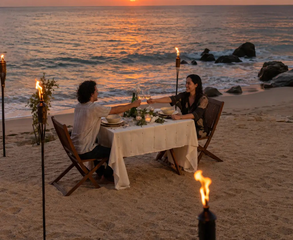 Cena romántica a la luz de las velas frente al mar